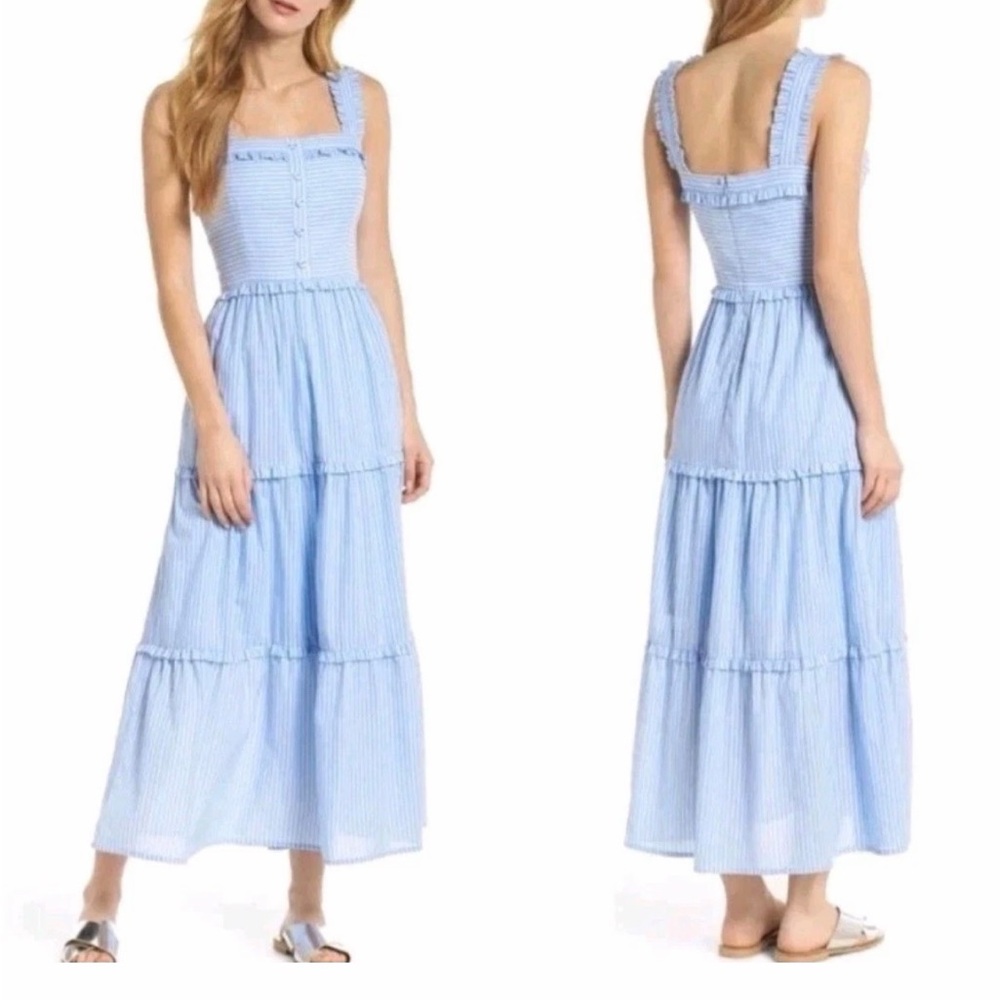 Gal Meets Glam Courtney Rio Stripe Lawn Tiered Maxi Dress Blue White